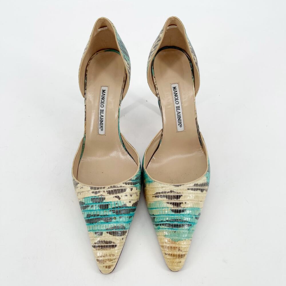 Manolo Balhnik Retro Turquoise Teju Lizard Pointed Toe D'Orsay Heel IT 39.5 - Picture 6 of 11